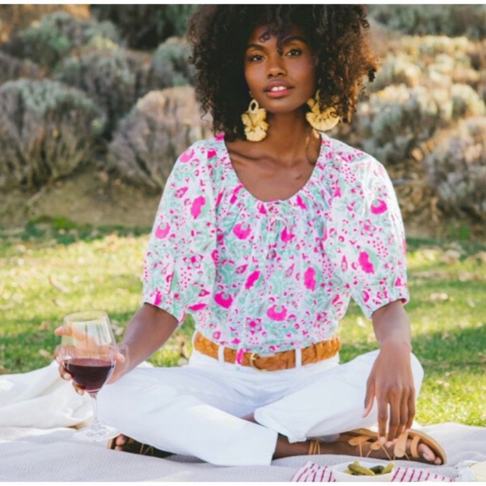 SZ Blockprints Hot Pink Floral Padra Tracy Top, Size Large - Picture 8 of 16